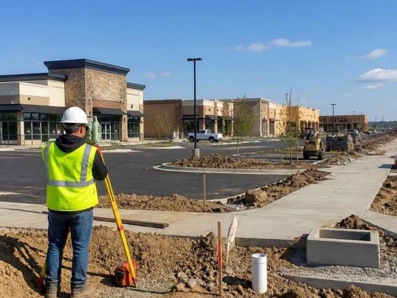 Construction surveyor aligning phased retail development improvements in New Braunfels Texas