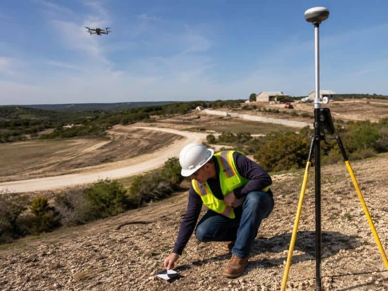 surveyor setting ground control points for aerial mapping in New Braunfels Texas
