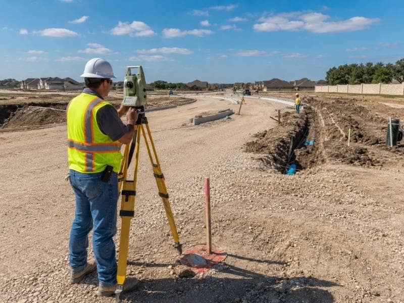 Construction survey crew checking road control beside utility work in a phased subdivision in New Braunfels Texas.