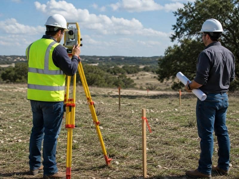 Land surveying crew evaluating undeveloped land for a property developer in New Braunfels Texas