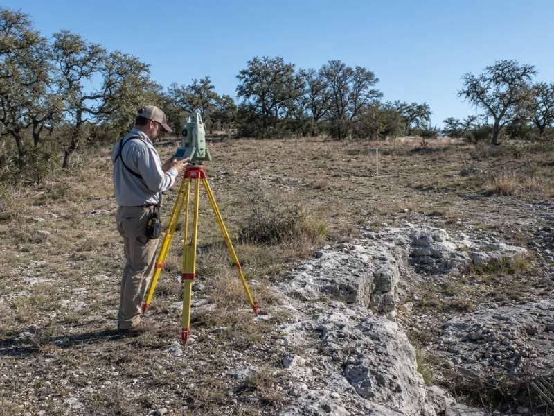 Topographic Survey crew measuring elevations beside exposed limestone terrain in New Braunfels Texas.